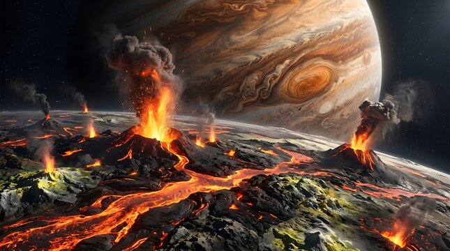 Jupiter moon, volcano and lava on planetary surface with space, astronomy and cosmic landscape at night. Io, eruption and molten rock in galaxy with universe, exploration and science fiction