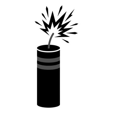 A black and white vector icon illustration of a lit firecracker with a burning fuse ready to explode isolated on a white background