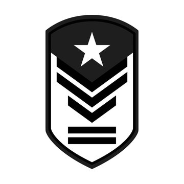 Minimalist military rank insignia badge featuring a white star and chevron stripes isolated on a black shield shape for professional uniform design elements