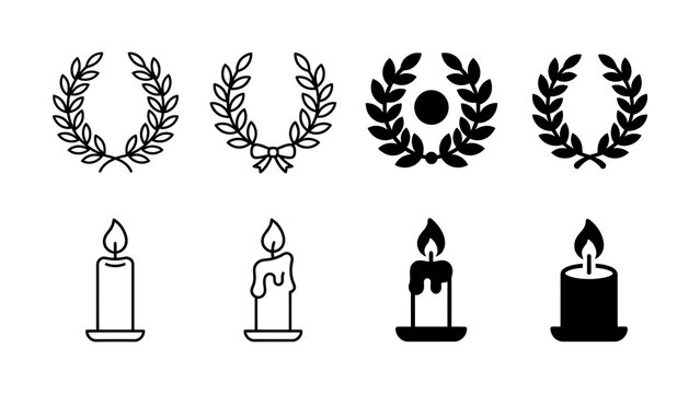 Black laurel wreaths and candles icon set