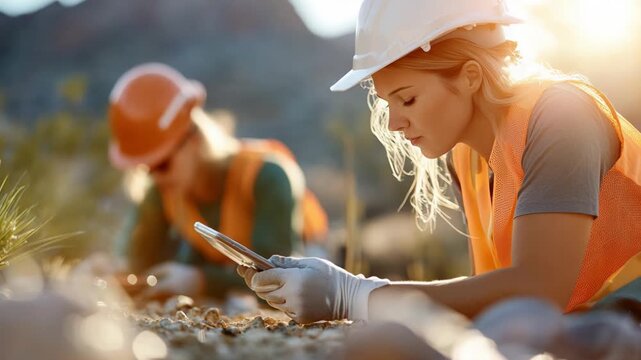Female geologists examining rocks with tools in a sunlit outdoor landscape