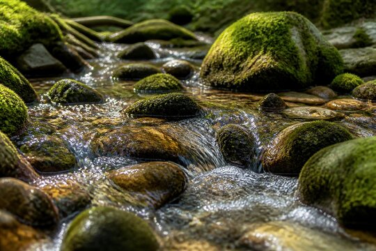 Moss covered rocks with water flowing through forest stream