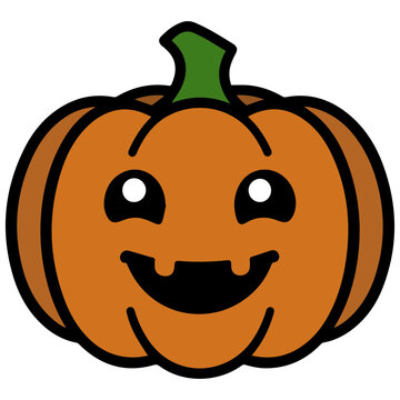 A cute and cheerful cartoon pumpkin with a missing tooth and big eyes grins widely, perfect for Halloween decorations and festive designs.