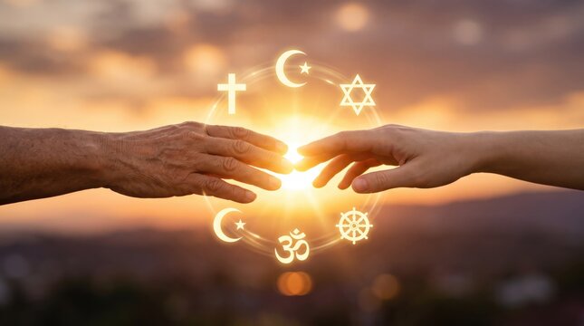 Interfaith unity with hands reaching towards light surrounded by religious symbols, Christianity, Islam, Judaism, Hinduism, Buddhism, spiritual connection, peace, harmony