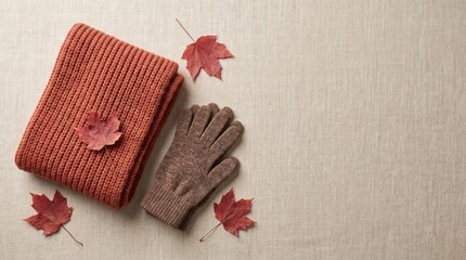 Fototapeta premium Cozy Autumn Accessories Warm Scarf and Gloves with Fall Leaves on Textured Background