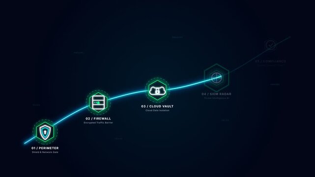 Cyber security roadmap diagram with glowing s wave connecting protection nodes