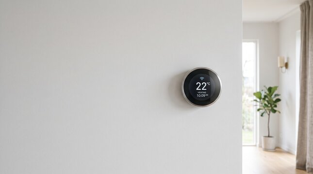 Smart Home Thermostat Displaying 22 Degrees Celsius Heating Mode on a White Wall