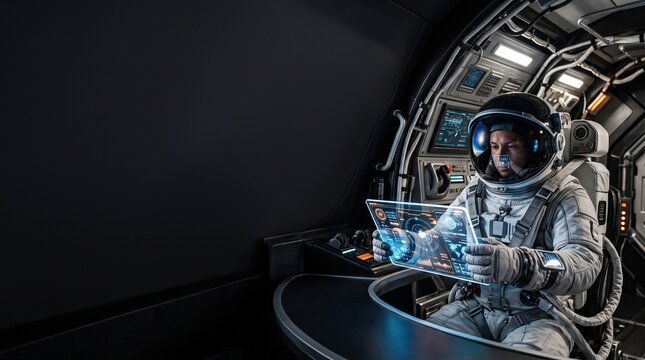 Astronaut in spaceship cockpit using futuristic holographic tablet for navigation and data analysis