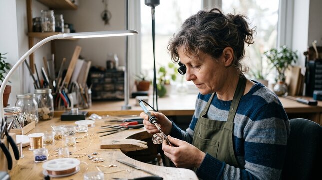 Skilled artisan woman meticulously crafting intricate jewelry using tools and magnifying glass at her workbench