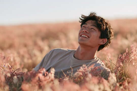 Young man relaxing in pink wildflower field background for summer banner and nature lifestyle design
