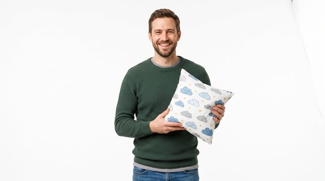 Smiling man holding a decorative pillow with a cute cloud and star pattern on a white background