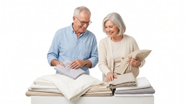 Happy senior couple folding and organizing clean laundry and bedding with neutral colors on a white background