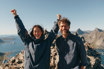 Fototapeta premium Joyful hiking couple on rugged mountain summit with fjord view celebrating outdoors for background and banner design