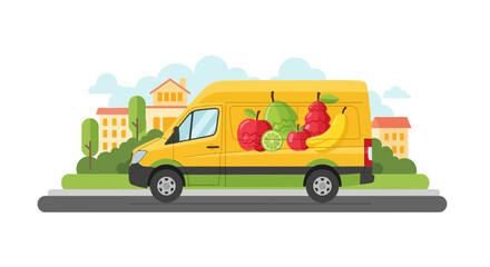 Fototapeta premium Yellow Grocery Delivery Van with Fresh Fruit Graphics in a City Neighborhood Flat Vector Illustration