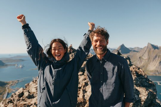 Joyful hiking couple on rugged mountain summit with fjord view celebrating outdoors for background and banner design
