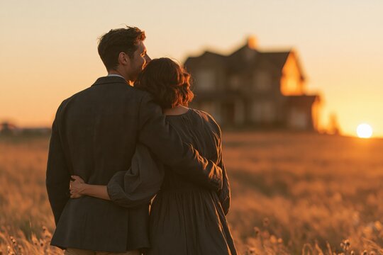 Couple standing arm in arm at sunset in a grassy field with farmhouse for warm wallpaper and banner design