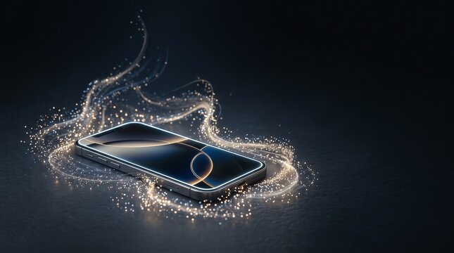 Modern smartphone with glowing energy particles swirling around it on a dark background