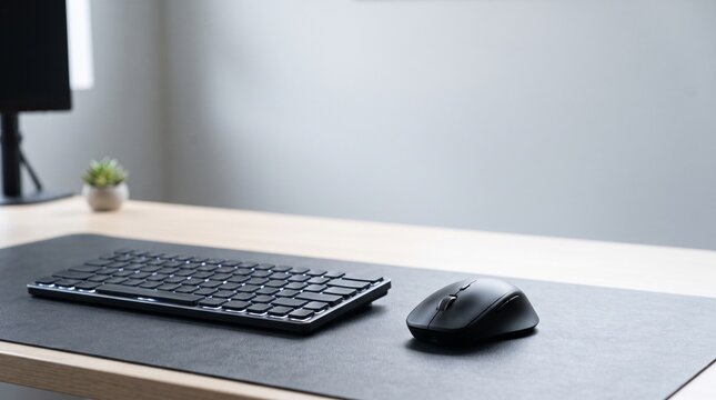Modern minimalist desk setup with a sleek black keyboard and mouse on a desk mat