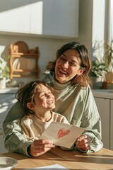 Obraz premium Laughing mother and child showing a red heart drawing for mother's day family greeting card and cozy kitchen background