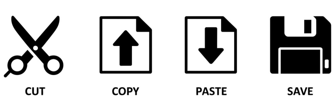 graphic editor toolbar symbols, cut copy paste and save operations icons, outlined document design elements, file editing interface vector set, software tools, digital workspace, user interface graphi