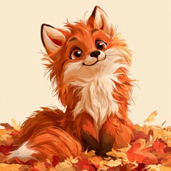 Naklejka premium A playful fox sits among vivid leaves, showing a happy face. The fox has big eyes and fluffy fur. It enjoys a sunny day in the forest.