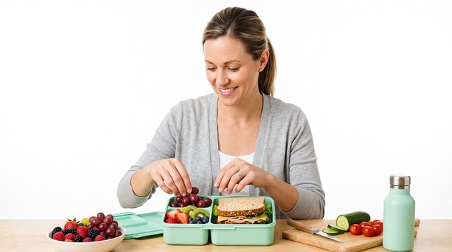Woman preparing a healthy lunchbox with fresh fruits sandwich and vegetables for a nutritious meal