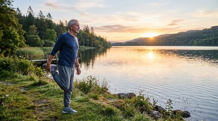 Naklejka premium Senior man stretching legs by lake at sunrise enjoying peaceful morning exercise outdoors
