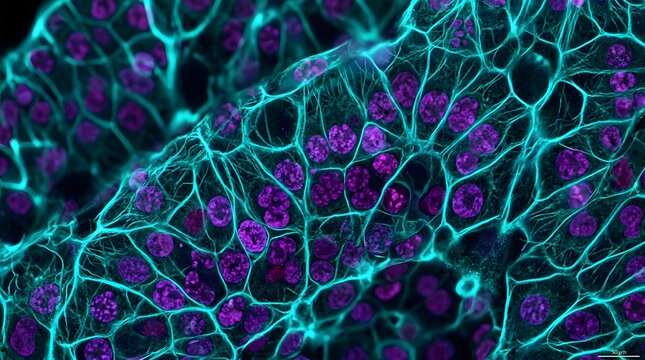 Fluorescent biological cells exhibit vivid purple nuclei and bright cyan cytoskeletal structures captured through a powerful high resolution microscope lens