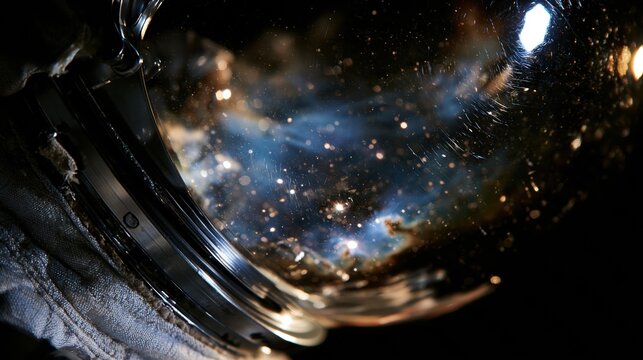 Close up of a space helmet reflecting a vibrant blue nebula, featuring weathered textures and a scratched visor for science fiction and space exploration themes