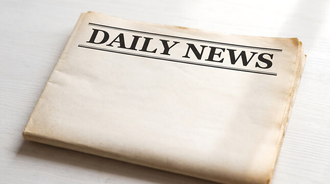 A folded copy of the daily news newspaper on white background with newspaper journalism information headline background communication document publication