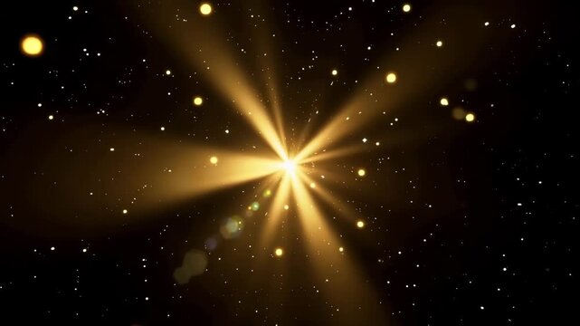 Abstract Golden Light Burst with Floating Sparkles on Black Background
