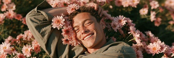 Obraz premium Young man lying in pink chrysanthemum flowers smiling outdoors for spring wellness background and floral banner design