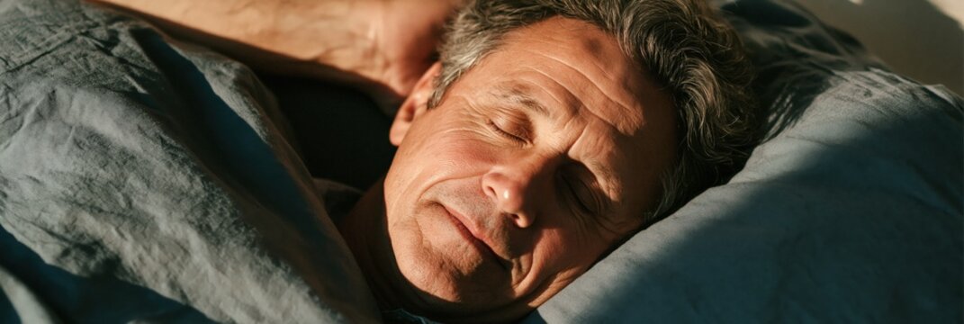 Closeup mature man sleeping peacefully on a pillow in a warm bedroom setting for sleep health poster and relaxation banner