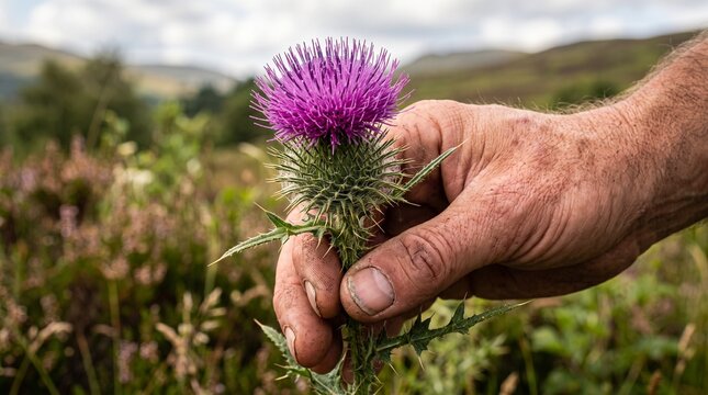 Close-up macro shot of a weathered hand holding a vibrant purple Scottish thistle in a wild grassy field