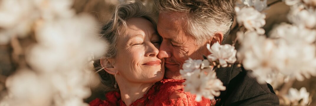 Affectionate mature couple cuddling among white spring blossoms for romantic wallpaper and spring banner background