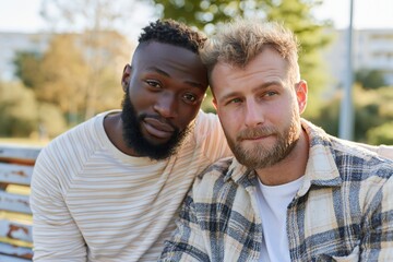 Fototapeta premium Two diverse men sitting together on a weathered park bench in a sincere moment of connection and support for mental health and friendship