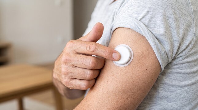 Close up of mature hands placing generic blood glucose monitoring patch on upper arm, advanced wearable medical technology, continuous remote patient tracking data