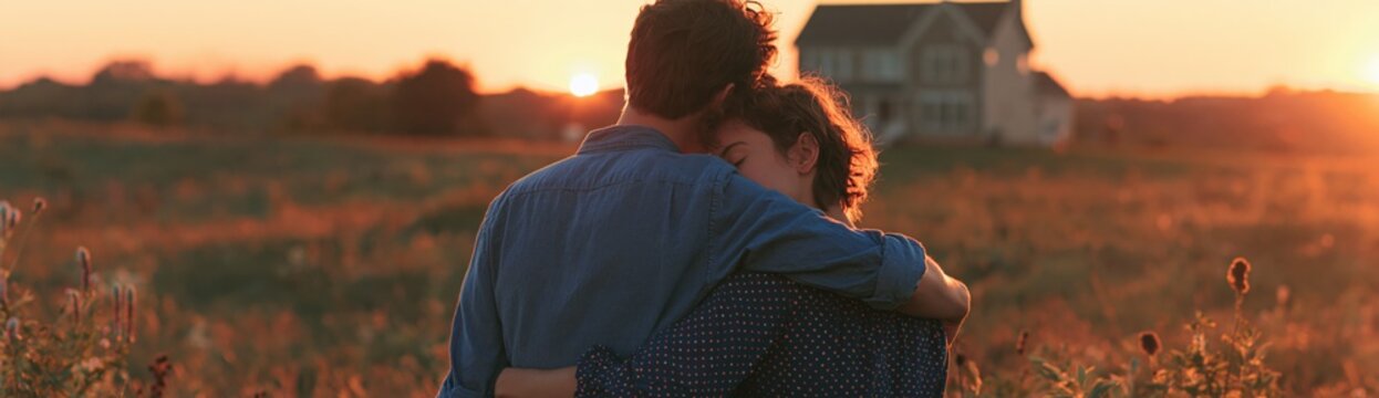 Romantic couple embracing in a sunset meadow near a farmhouse for warm golden hour background and romantic banner design