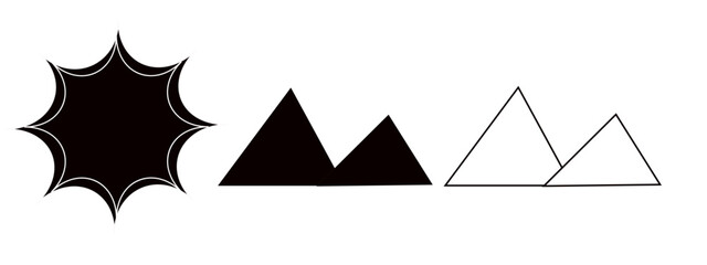 Fototapeta premium Abstract black sun silhouette and minimalist mountain peaks set isolated on white background for outdoor travel landscape vector illustration design element