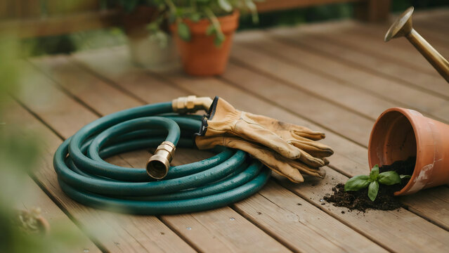 Coiled Green Garden Hose Leather Gloves Overturned Terra Cotta Pot Plant On Wooden Decking