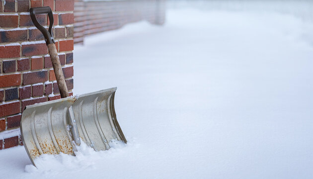 Snow Shovel Leaning Against Brick Wall with Fresh Snow