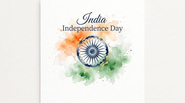 Minimalist watercolor splash Indian flag colors with blue Ashoka Chakra wheel for Independence Day greeting banner background photo