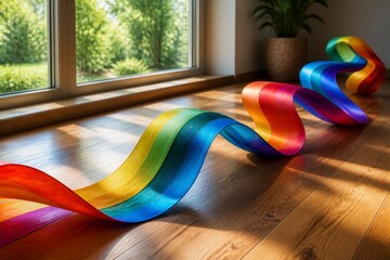 Obraz premium Rainbow ribbon curling across sunlit wooden floor near window