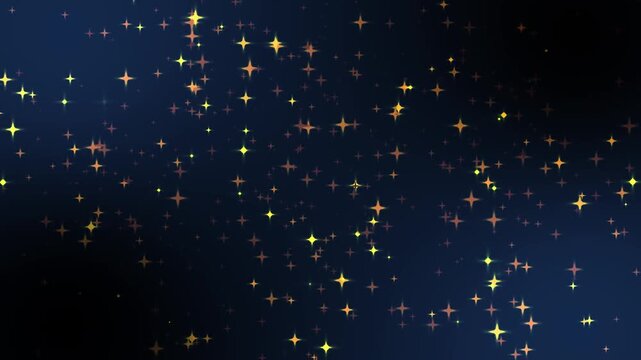 Glowing golden stars sparkling and floating on a dark blue background in a seamless animation loop.
