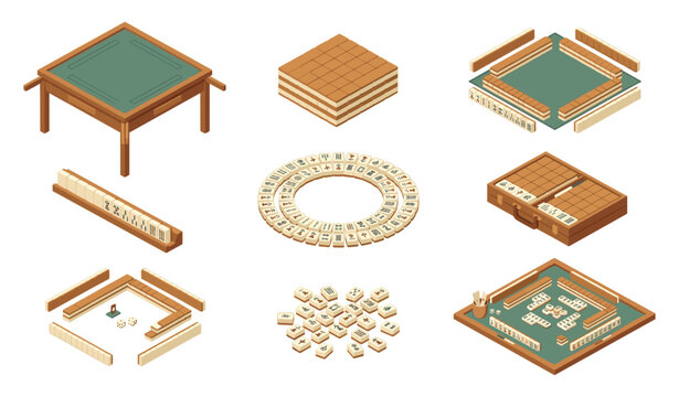  Isometric traditional mahjong board game vector set featuring tiles tables cases and gaming setups isolated on white background