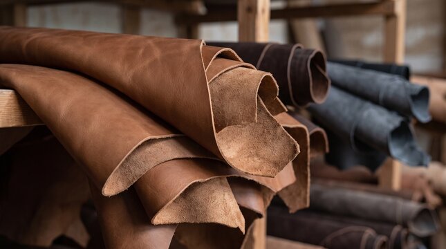 High-quality leather hides draped on a wooden rack in a workshop