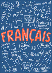 Francais. French hand drawn doodle and lettering. Illustration for language schools, teachers, worksheets, and online learning. Vertical format. © N.Savranska
