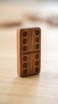 Single wooden domino stands upright on light wood surface