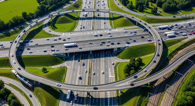 Aerial view of a large highway junction with cars driving on a circular bridge road