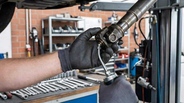 Mechanic Servicing Driveshaft Universal Joint in Automotive Workshop
